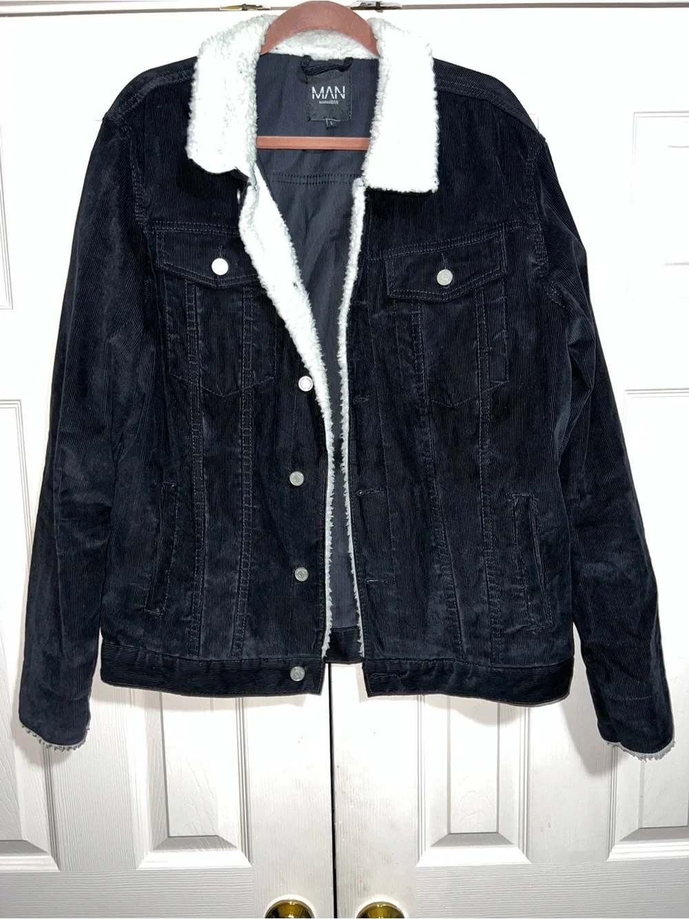 Boohooman Navy Corduroy Sherpa-Lined Jacket